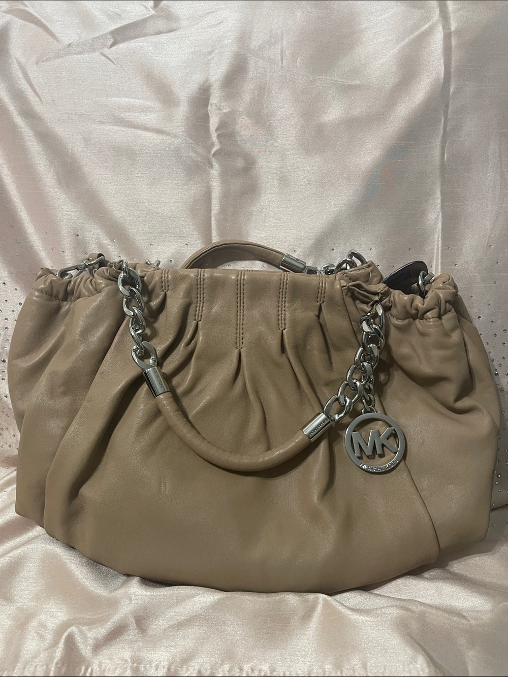 Michael Kors Taupe Ruched Leather Tote with Silver Chain